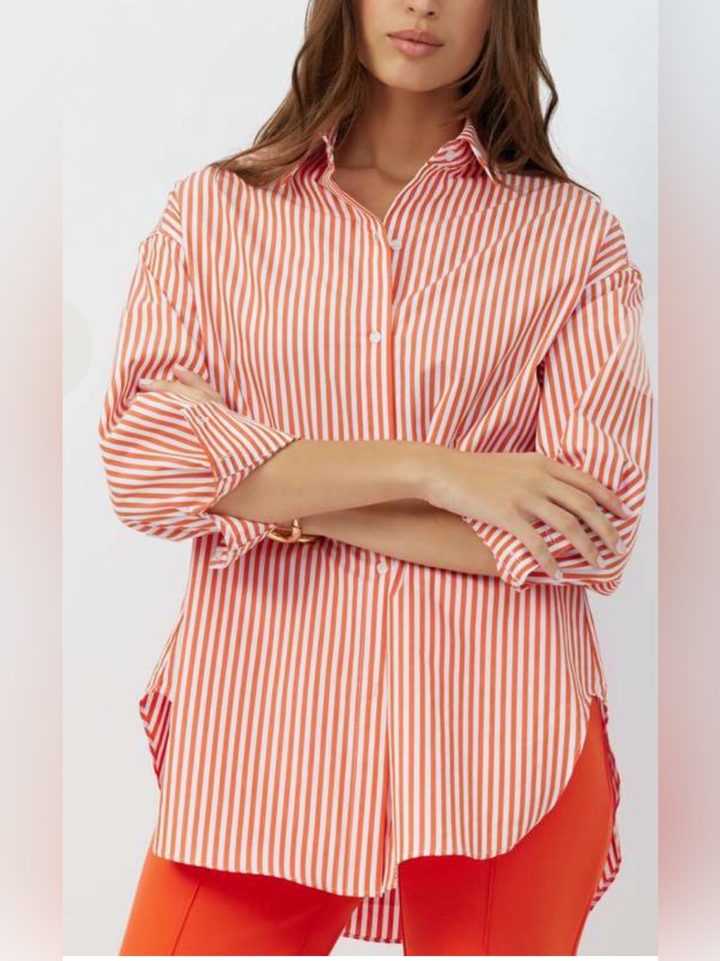 Grey/Ven Orange & White Striped Button-Up Blouse